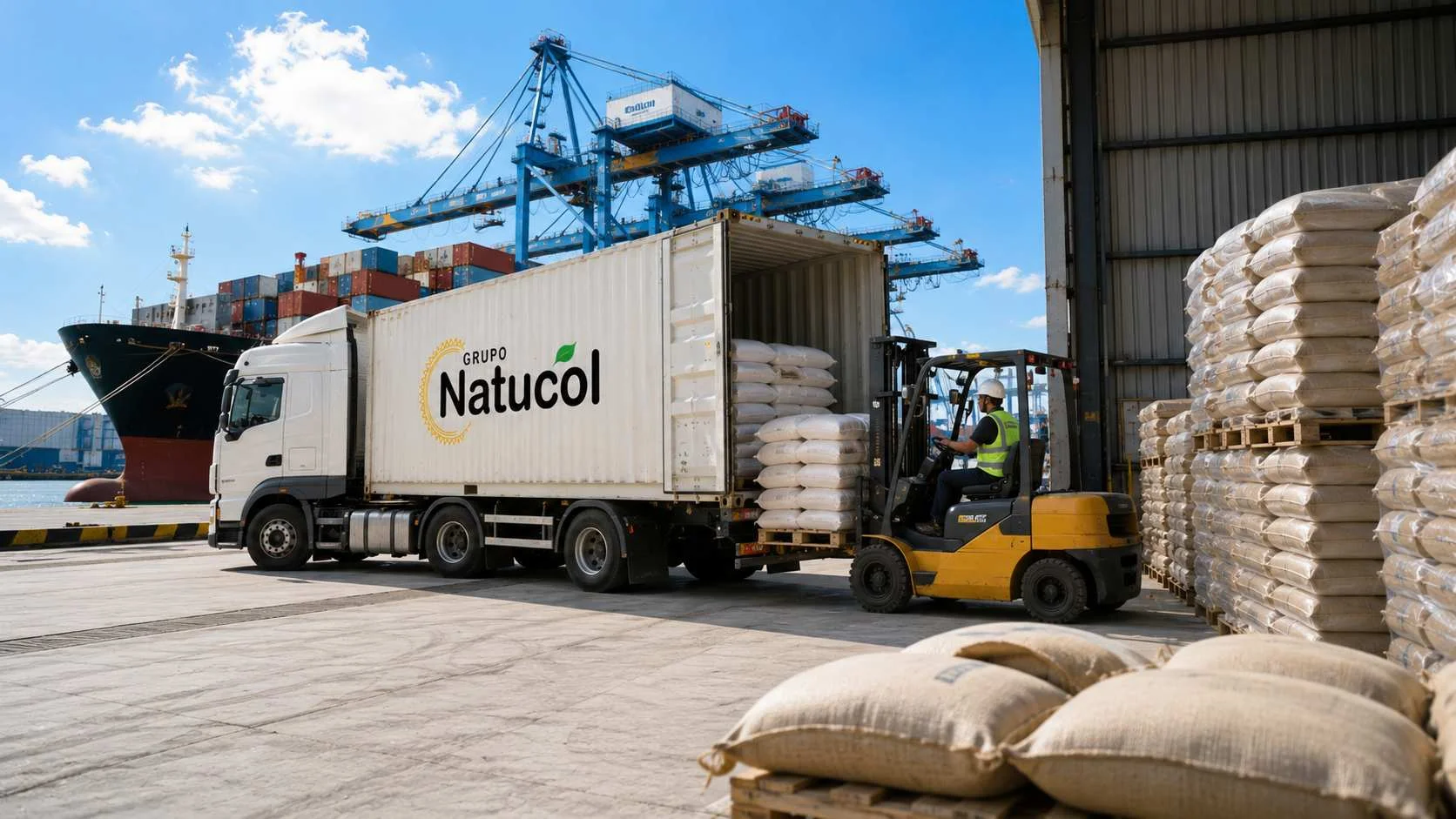 Importación directa de materias primas alimenticias mediante operación logística portuaria con contenedores, transporte y abastecimiento para la industria alimentaria.