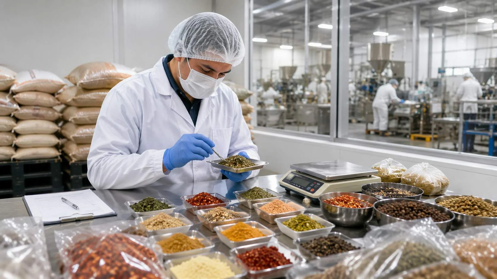 Control de calidad de materias primas alimenticias mediante inspección, análisis y verificación de productos para la industria alimentaria.