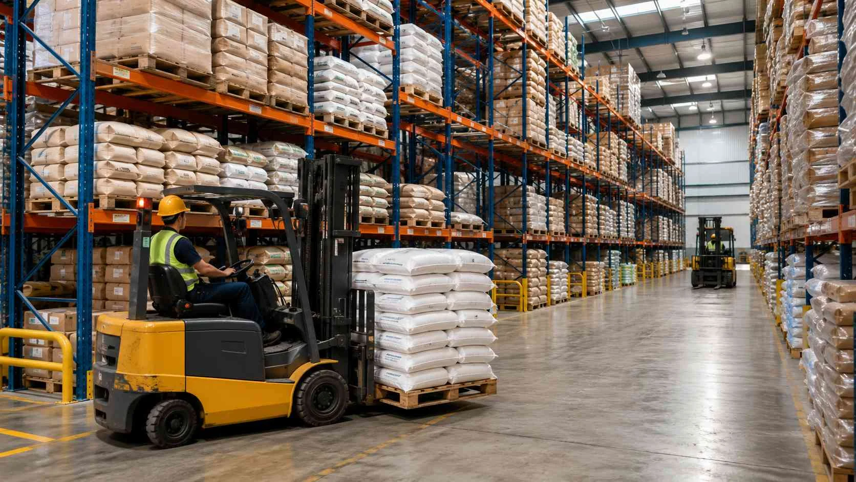 Centro de distribución de materias primas alimenticias con inventario disponible, almacenamiento industrial y abastecimiento continuo para la industria alimentaria.